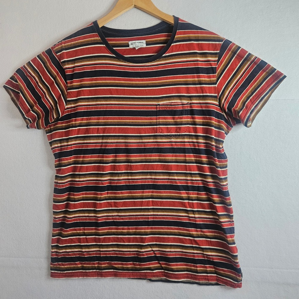 Banks Journal Mens Large Organic Cotton Striped Pocket T-Shirt Red Navy Mustard